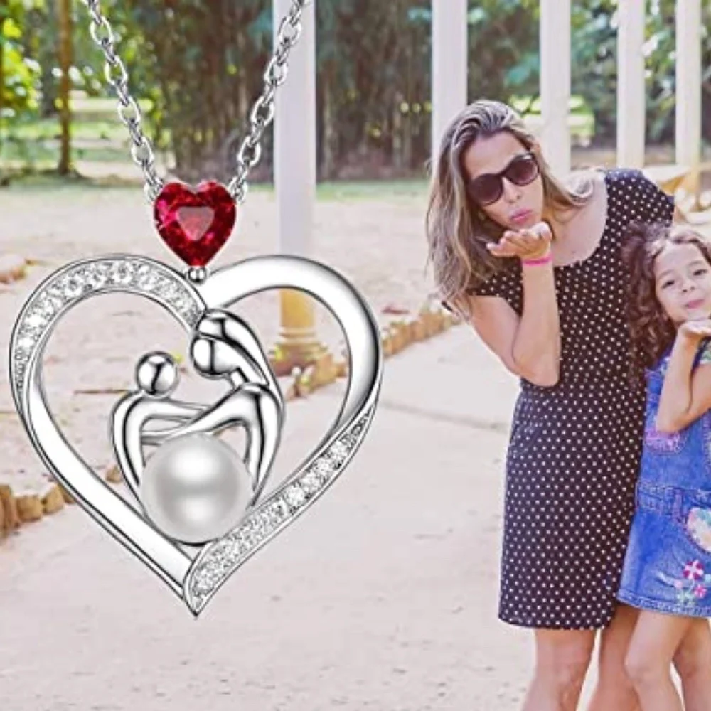 ALWAYS MY MOM Grandma Red Stone Pearl Heart Pendant Chain Necklace